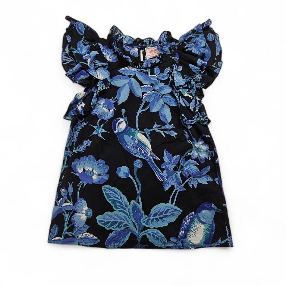 Banjanan Klara Ruffle Top In Wooden Hedgerow Black And Blue Cotton Size Xs